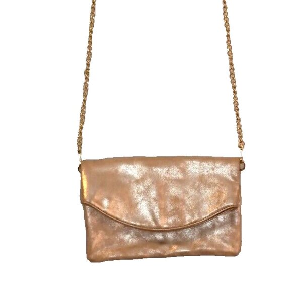 Express Fold-Over Clutch Purse Gold Pink Shoulder Chain Zip Snap Closure - Picture 3 of 16